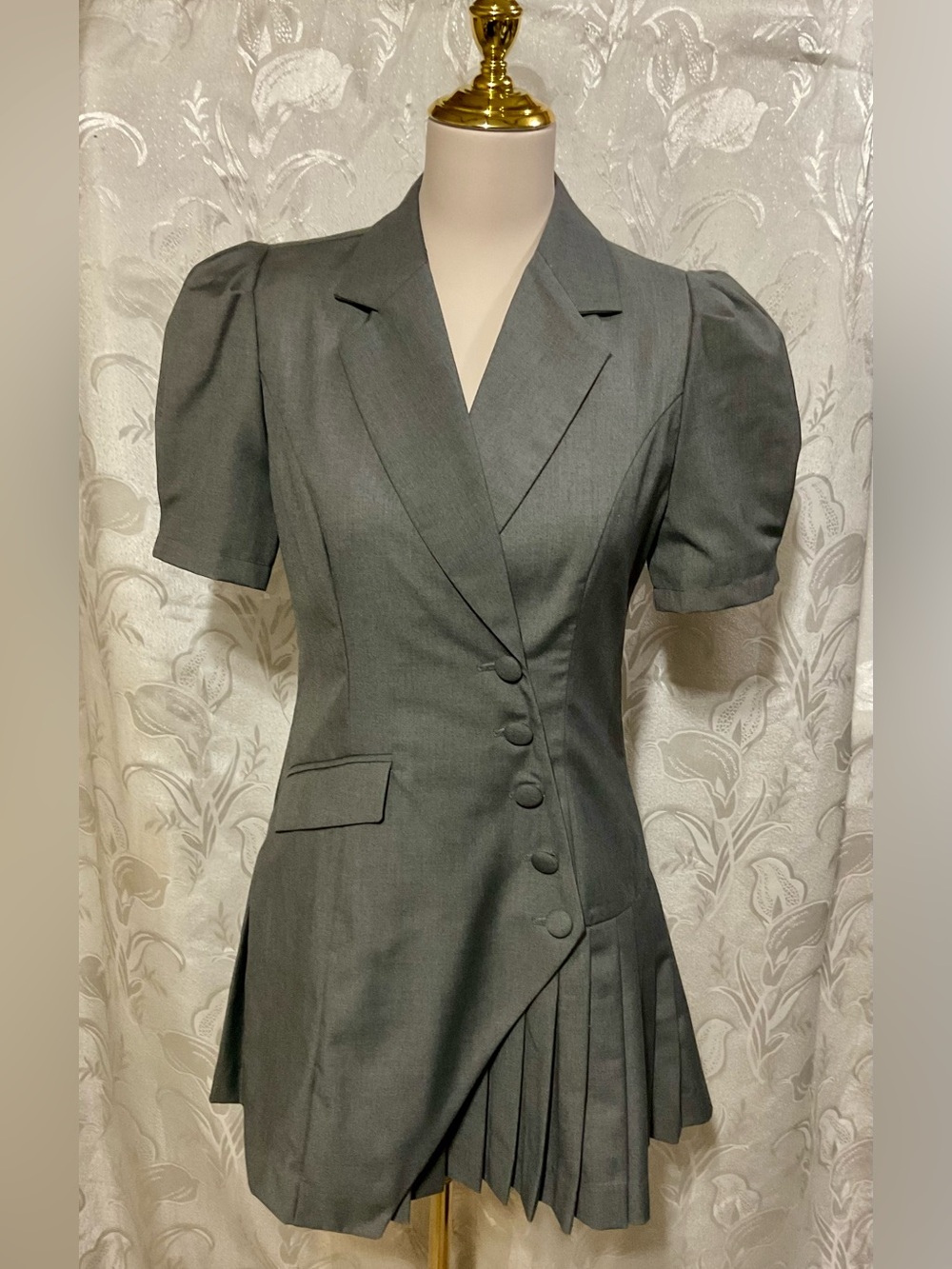 Puff Sleeve Charcoal Gray Tailored Pleated Mini Dress